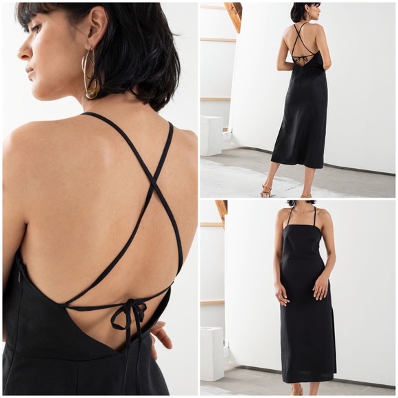 & Other Stories Linen Blend Criss Cross Strap Midi Black Dress - Picture 7 of 10